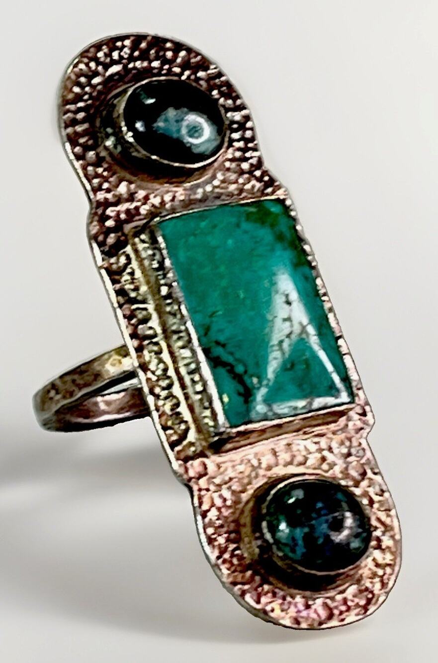VTG Handmade Sterling Silver Triple Turquoise Statement Ring Size 7 Southwestern